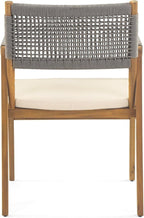 Christopher Knight Home Pasco Acacia Wood Outdoor Dining Table Set for 6, Wicker Patio Dining Set with Acacia Wood Table and Bench, Patio Table and Chair Set with Cushion+Rope Backrest,Brown+Teak+Grey