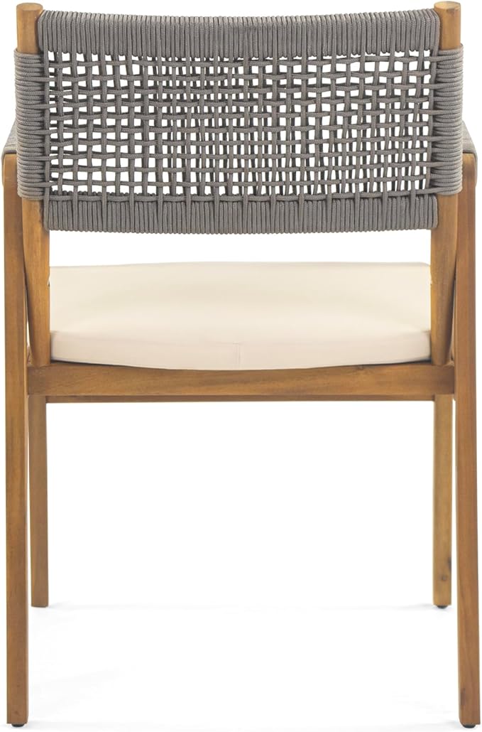 Christopher Knight Home Pasco Acacia Wood Outdoor Dining Table Set for 6, Wicker Patio Dining Set with Acacia Wood Table and Bench, Patio Table and Chair Set with Cushion+Rope Backrest,Brown+Teak+Grey
