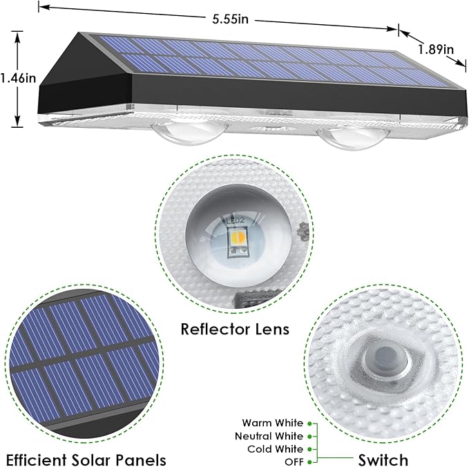 Solar Fence Lights Outdoor Waterproof LED - 3000/4000/6000K 3 Mode, IP65 Waterproof Fence Lights Solar Powered, Solar Wall Lights for Outside, Backyard/Step/Patio/Deck Fence/Stair Railings (12 pack)