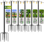 String Light Poles for Outside, 6 Pack 10 ft Adjustable Light Poles | Heavy Duty, Weather Resistant, 5 Prong Stable Base, Ground & Fence Mount, Fence Clips Included, For Patio Garden Porch Decor