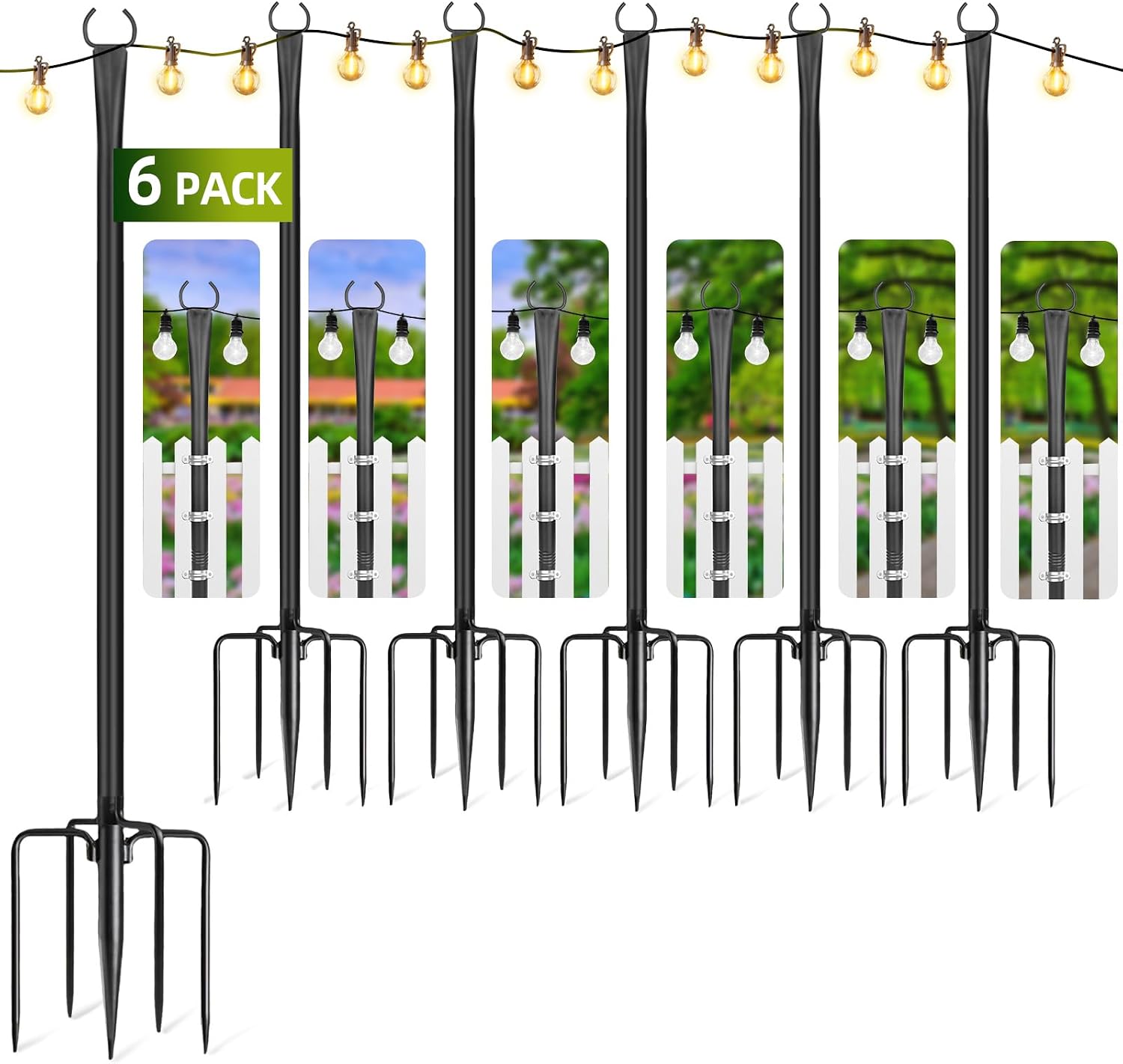 String Light Poles for Outside, 6 Pack 10 ft Adjustable Light Poles | Heavy Duty, Weather Resistant, 5 Prong Stable Base, Ground & Fence Mount, Fence Clips Included, For Patio Garden Porch Decor