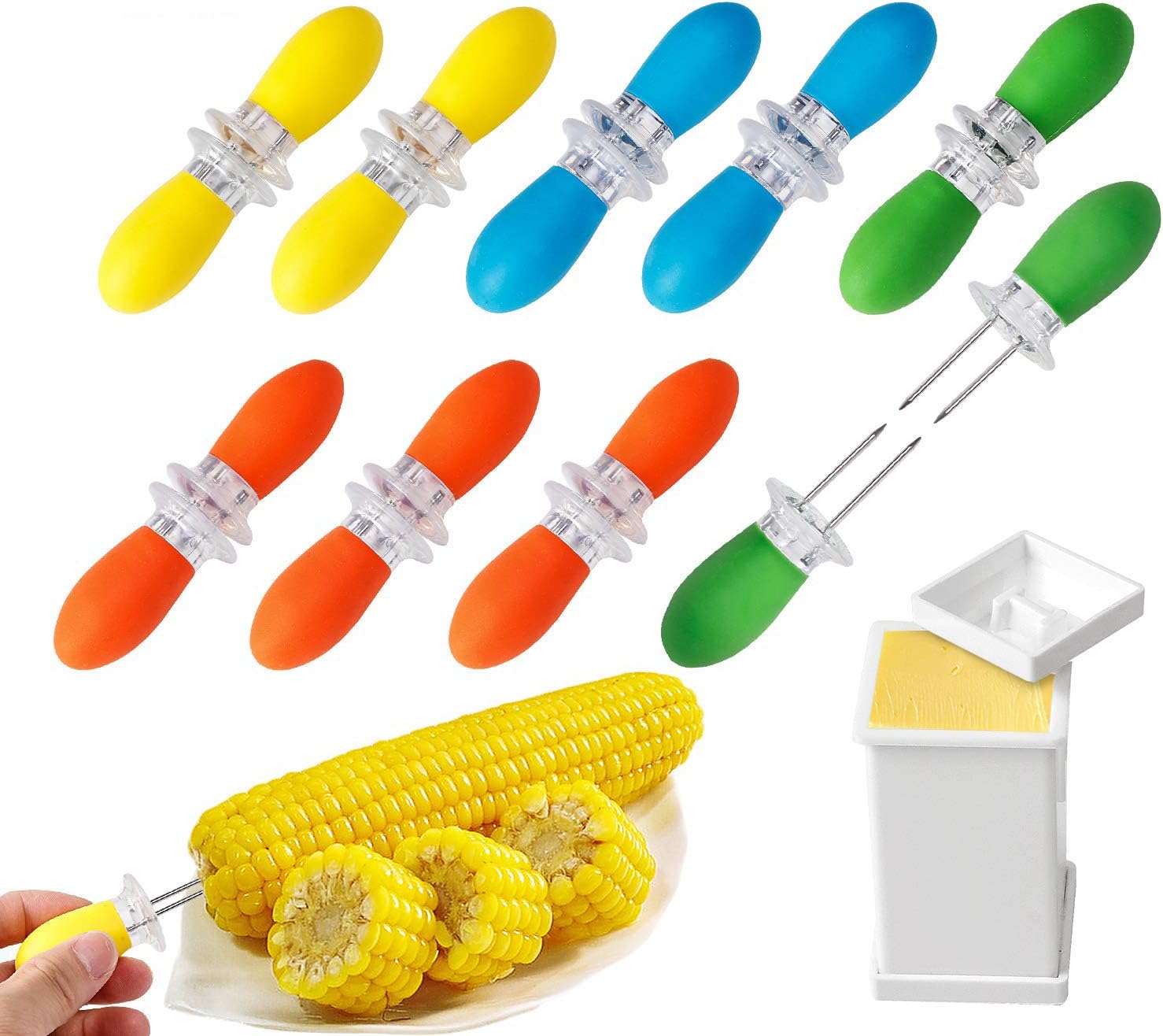18 Pcs Stainless Steel Corn Cob Holders with Butter Spreading Tool | Colorful Silicone Handle, Interlocking Corn Holders, Fruit Meat BBQ Forks Skewers, For Home Cooking Party Camping Picnics