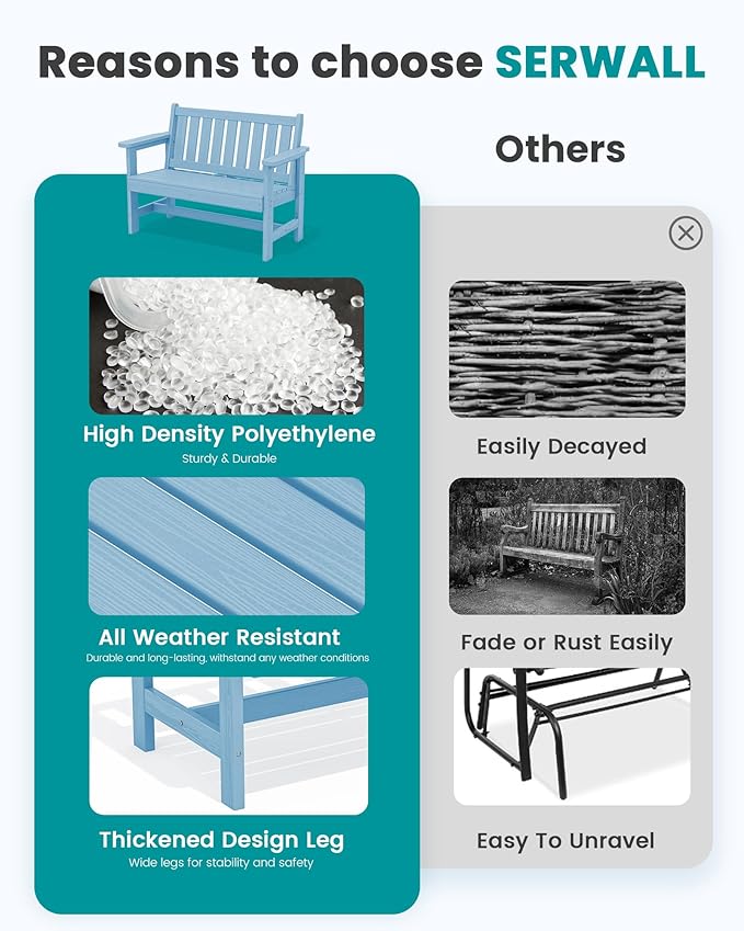 SERWALL Outdoor Bench, HDPE Outdoor Benches Weatherproof, 2-Person Garden Bench with 660 lbs Weight Capacity, Patio Benches for Outdoors, Garden, Porch, Backyard and Park, Light Blue, 2 Pack