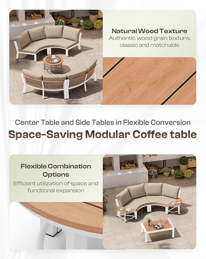 Outdoor Patio Furniture Set, 7 Piece Aluminum Curved Outdoor Sectional Sofas with Modular Coffee Table, PE Rattan Patio Conversation Sets, All-Weather Patio Couch Sets with Cushions, White