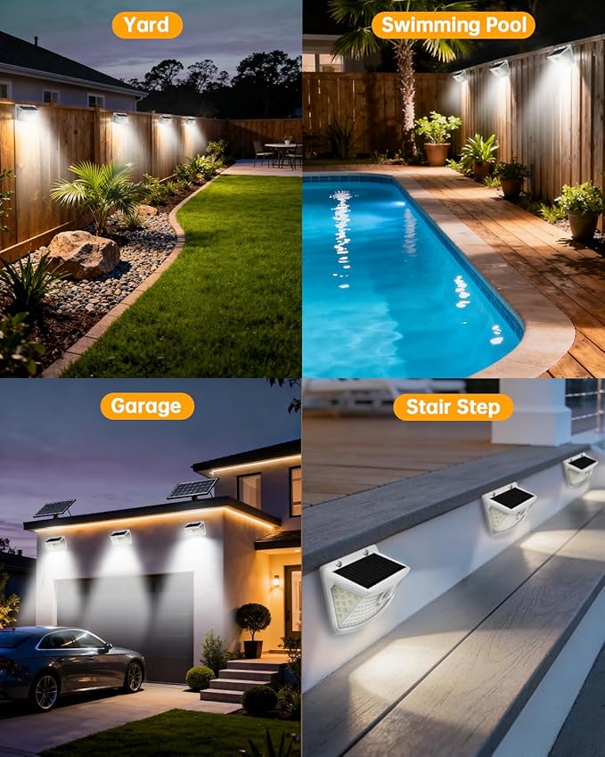 Aootek New Solar Motion Sensor Lights 120 LEDs with Lights Reflector,270° Wide Angle, IP65 Waterproof, Step Lights for Front Door, Yard, Garage, Deck (White, Daylight White, 4-Pack)