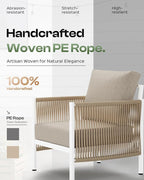 Aluminum Outdoor Patio Couch, 3 Seats HDPE Rope Patio Sofa with Washable Thick Cushion, All-Weather Patio Furniture for Balcony, Yard, White Frame, Ivory