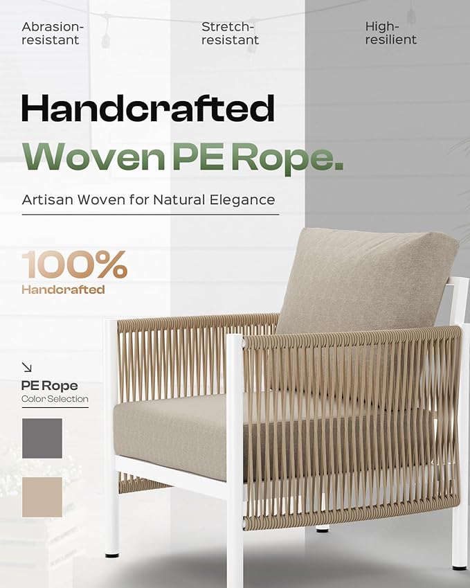 Aluminum Outdoor Patio Furniture Set with Dual-Layer Coffee Table, 4 Piece Modern Patio Conversation Sets with PE Rope, Outdoor Sectional Sofa with Thick Cushions for Balcony, Porch, Ivory