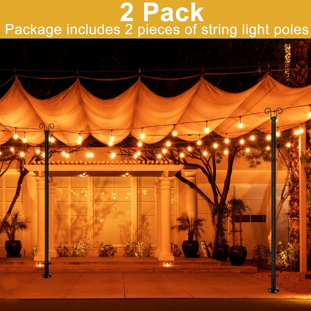 String Light Poles for Outside Deck 2 Pack 8FTHeavy Duty Metal Garden Outdoor Light Poles for Solar String Light Bulbs Hanging Kit for Yard Garden Fence Post Deck Party Wedding