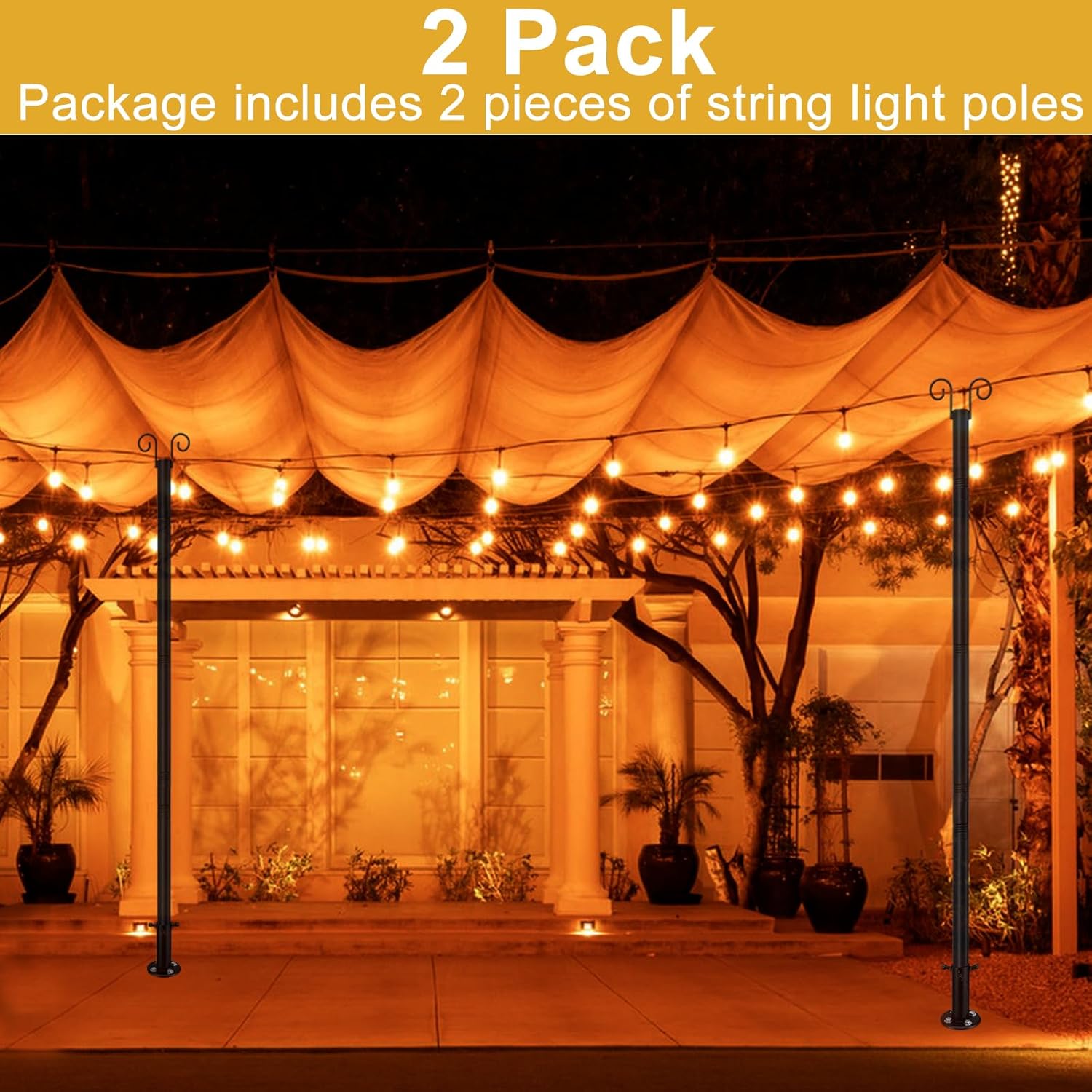 String Light Poles for Outside Deck 2 Pack 8FTHeavy Duty Metal Garden Outdoor Light Poles for Solar String Light Bulbs Hanging Kit for Yard Garden Fence Post Deck Party Wedding