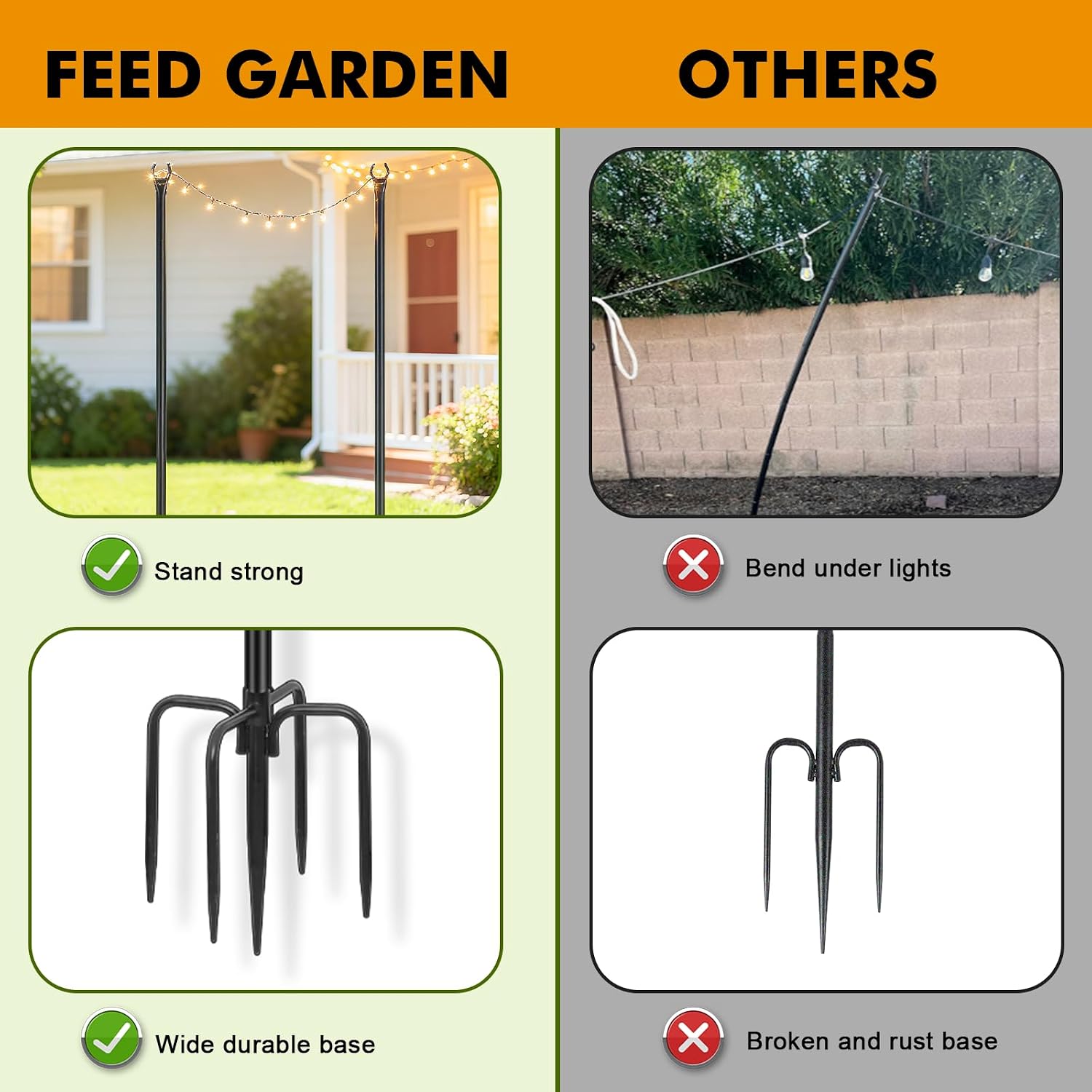 String Light Poles, 10 FT, 6 Pack, Ground & Fence Mount | Heavy-Duty Steel, 5-Prong Stable Base, Powder-Coated Finish, Rust Resistant, Outdoor Lighting & Décor, Patios, Backyards