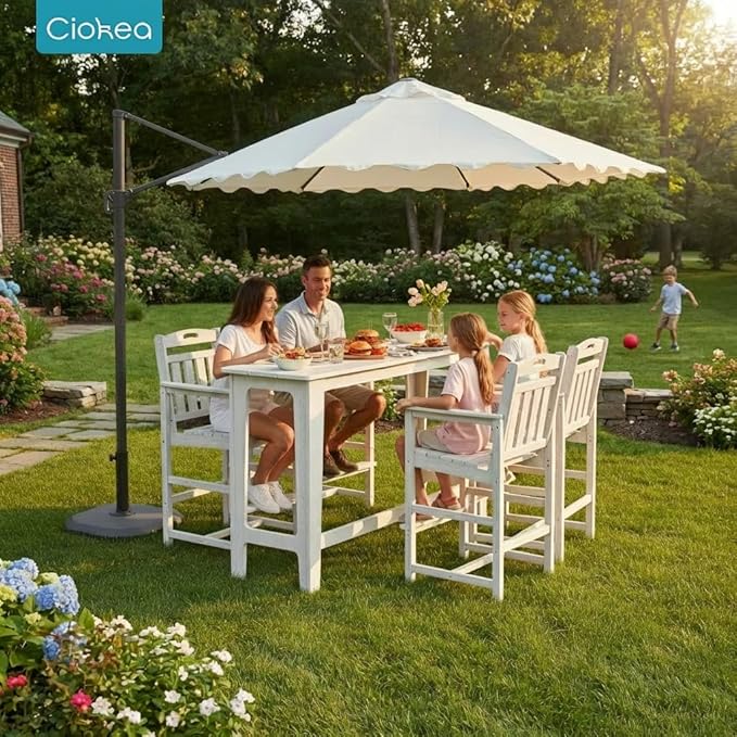 Ciokea Outdoor Bar Height Table Set of 5, 60" Extra Long Rectangle High Top Table and 4 Oversized Adirondack Chairs Set, Heavy-Duty All-Weather HDPE Patio Bar Set for Backyard Balcony Deck, White