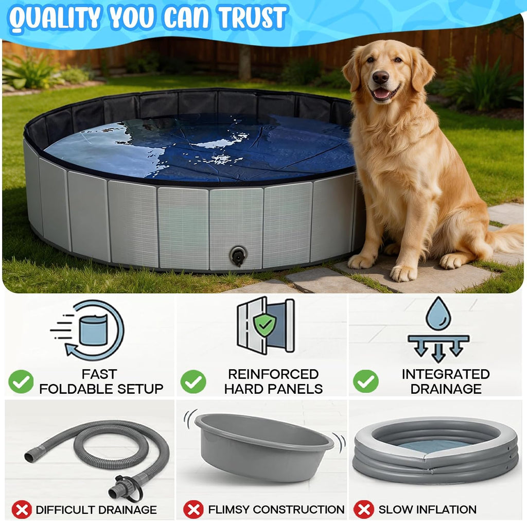 Dog Kiddie Pool for Small Medium Large Dogs, Multiple Pets, 63" Gray | Includes Repair Patches, Non-Slip Bottom, Scratch-Resistant, Collapse Prevention, Indoor & Outdoor Use, Easy Maintenance