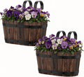 hanging flower pots with drainage holes, wooden railing, main product view