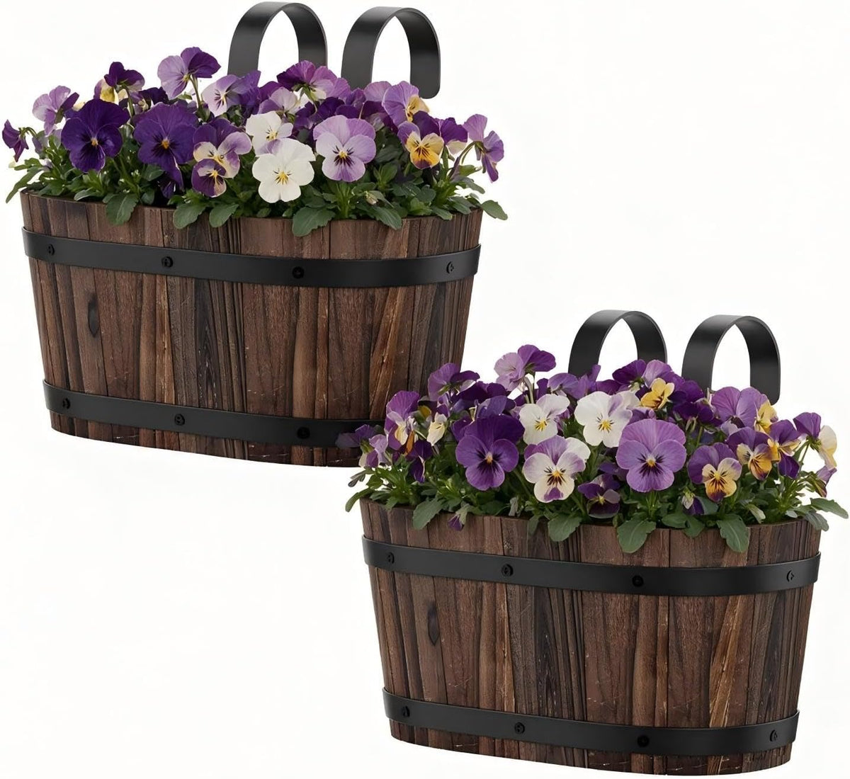 hanging flower pots with drainage holes, wooden railing, main product view
