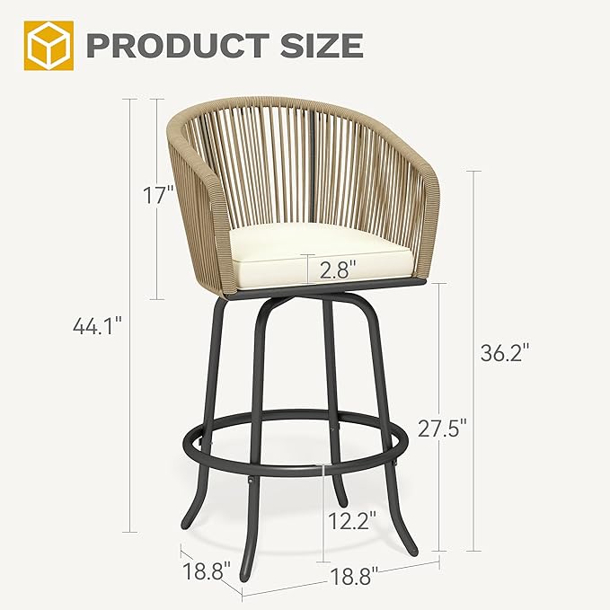 DWVO Outdoor Counter Height Bar Stools Set of 2, Patio Swivel Bar Chairs with Soft Cushions, 360° Rotation, Bar Height Rattan Chairs for Backyard, Poolside, Garden, Beige
