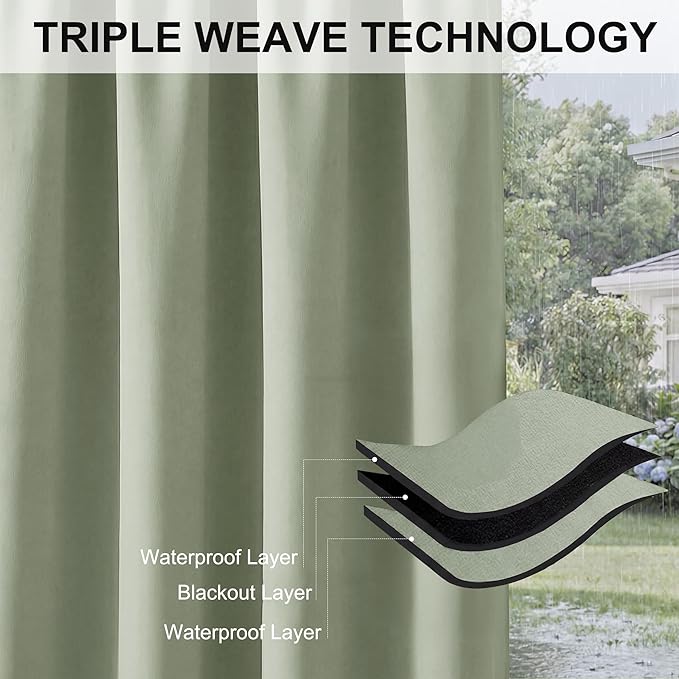 RYB HOME Outdoor Curtains for Patio Waterproof Block Sunlight Thermal Insulated Privacy Assured Thick Outside Curtains for Pergola, Deck, Gazebo, W52" x L108", Sage Green, 1 Panel
