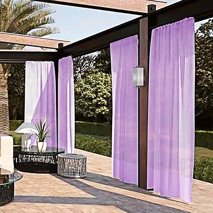 SpaceDresser Waterproof Outdoor Sheer Curtains for Patio - 4 Panels Rod Pocket Indoor Voile Sheer Curtain for Living Room,52W x 96L inch, Lavender