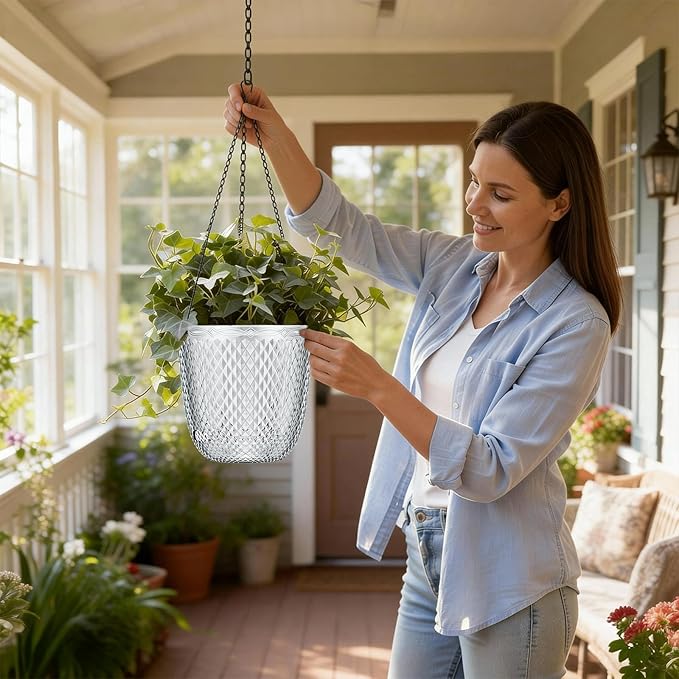 QCQHDU Self Watering Hanging Pots, 2 Pack 5.7 Inch Hanging Planters for Plants Indoor, Outdoor Flower Pots with Drainage Holes and 3 Hooks Chains for Garden Home (Clear)