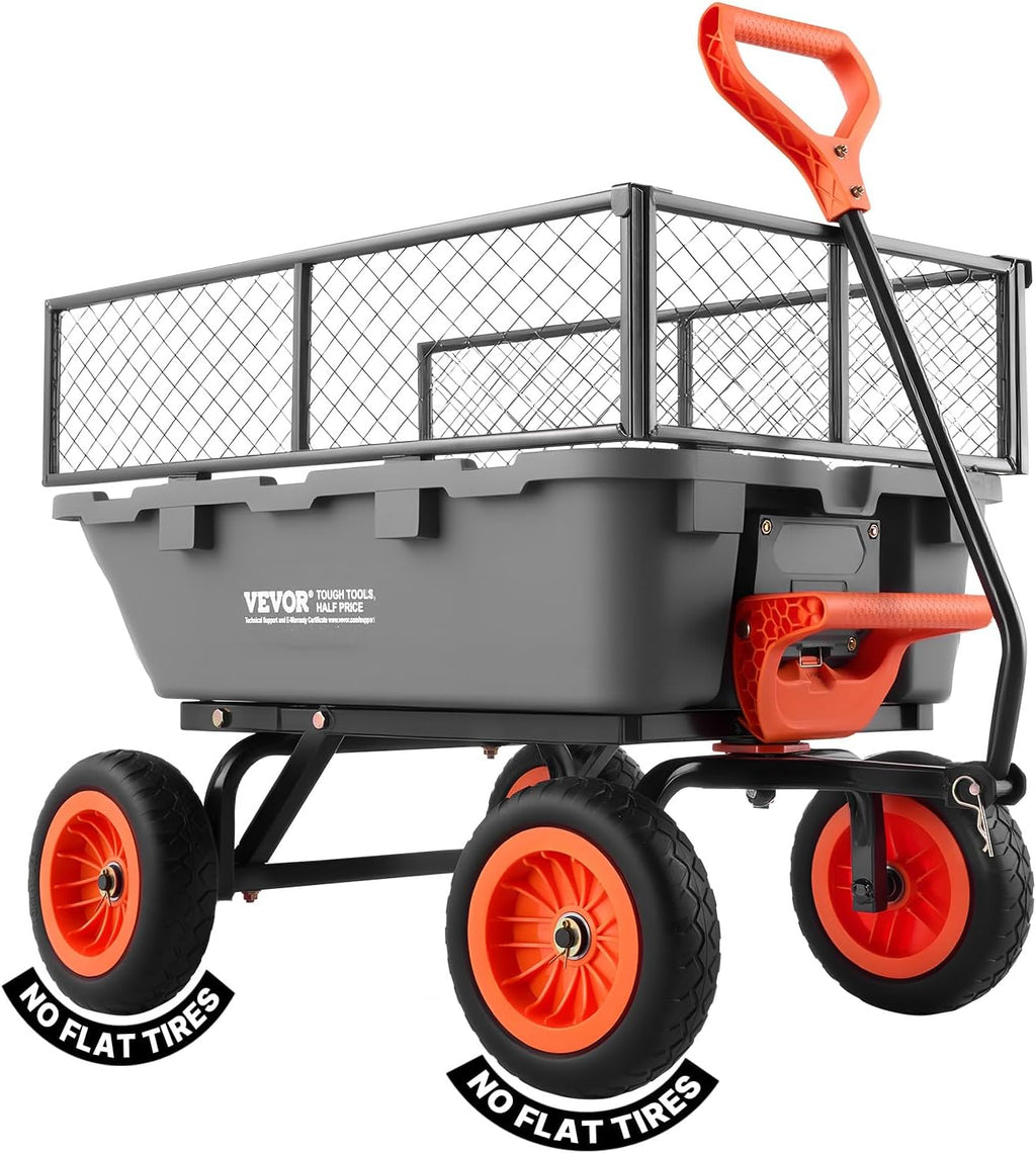 vevor 800lbs 7 cu.ft poly garden cart dump shown in use