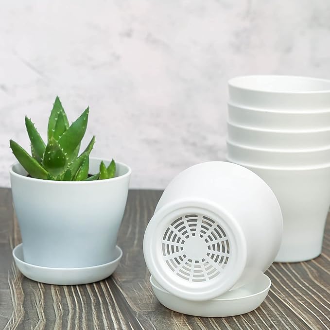 TDHDIKE 10 Pcs Plastic Planters Indoor Flower Plant Pots, Mini Flower Seedlings Nursery Pot/Planter/Flower Pot with Pallet, Modern Decorative Gardening Containers (White)
