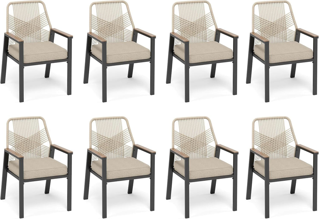 Patio Dining Chairs, Set of 8, PE Rattan, Wrought Iron | Outdoor waterproof cushioned chairs, metal frame, armrests, supports 300 lb. Rust-resistant, all-weather for porch backyard