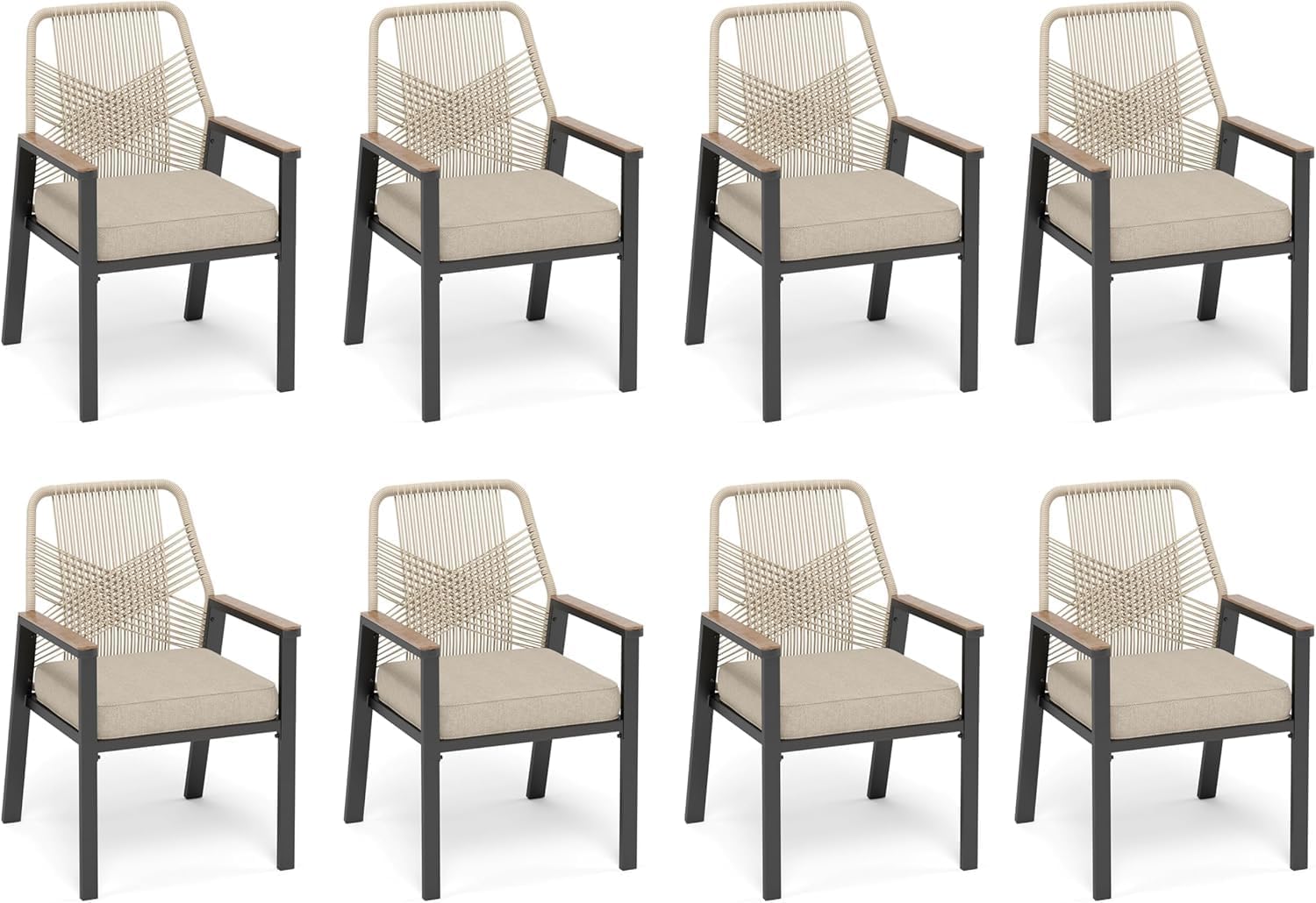 Patio Dining Chairs, Set of 8, PE Rattan, Wrought Iron | Outdoor waterproof cushioned chairs, metal frame, armrests, supports 300 lb. Rust-resistant, all-weather for porch backyard