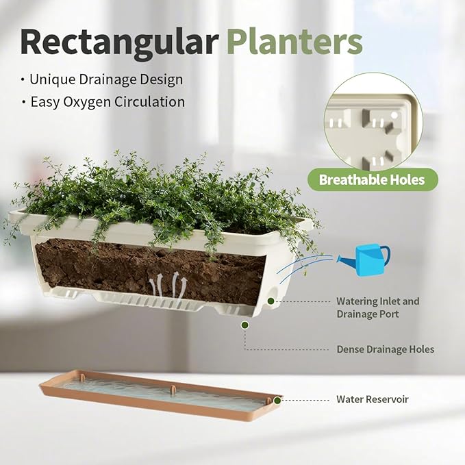Window Box Planter, 6 Pack Plastic Vegetable Flower Window Planters Boxes 16 Inches Rectangular Flower Pots with Drainage Holes and Saucers (White)