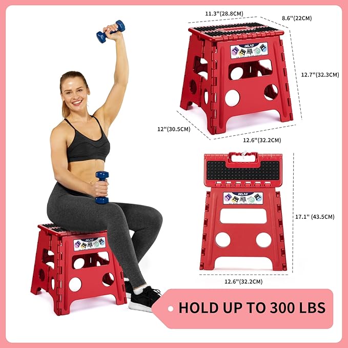 Delxo Folding Step Stool,Non-Slip Stool 13 inch Height Premium Heavy Duty Foldable Stool for Kids and Adults,Kitchen Garden Bathroom Steppingstool 1 Pack in Red,Dotted Texture