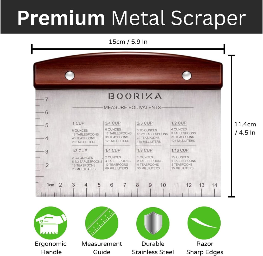 Dough Scraper & Bench Scraper Kitchen – Stainless Steel Sourdough Tools – Dough Cutter for Sourdough Bread, Pizza, and Flat Top Griddles – Chef Approved (Dark)