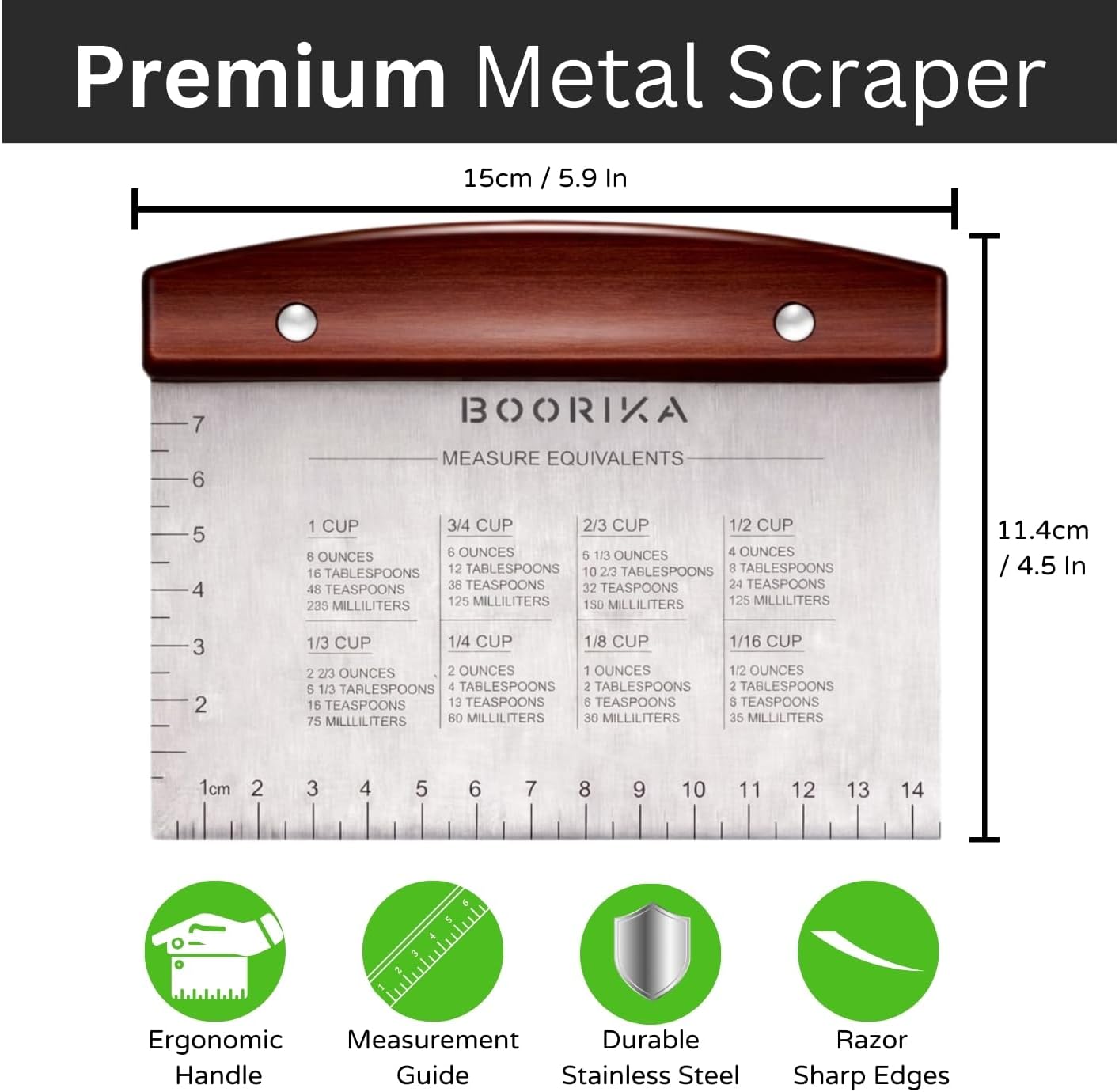 Dough Scraper & Bench Scraper Kitchen – Stainless Steel Sourdough Tools – Dough Cutter for Sourdough Bread, Pizza, and Flat Top Griddles – Chef Approved (Dark)