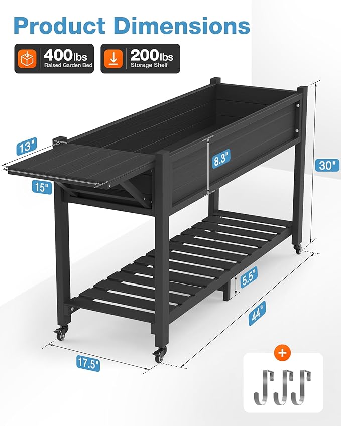 YEFU Raised Garden Bed with Legs: 57x18x30in Elevated Poly Planter with Wheels,Waterproof Mobile Raised Bed Garden, Elevated Planter Box Stand with Storage Shelf,For Deck,Patio,Porch,Yard (Black,2pcs)