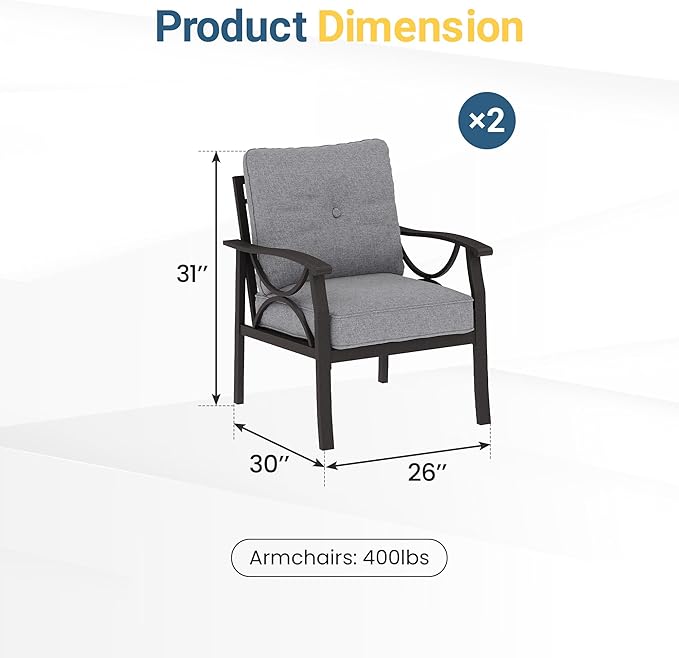 RoyalCraft 2 Pieces Outdoor Single Sofa,All-Weather Patio Metal Armchair,Khaki Metal Furniture with Gray Cushions
