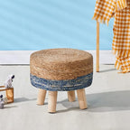 Cpintltr Foot Stool Natural Seagrass Hand Weave Poufs Round Ottoman for Couch Desk Soft Step Stool Padded Foot Rest with Non-Skid Pine Legs for Hallway Office Lounge Natural/Blue