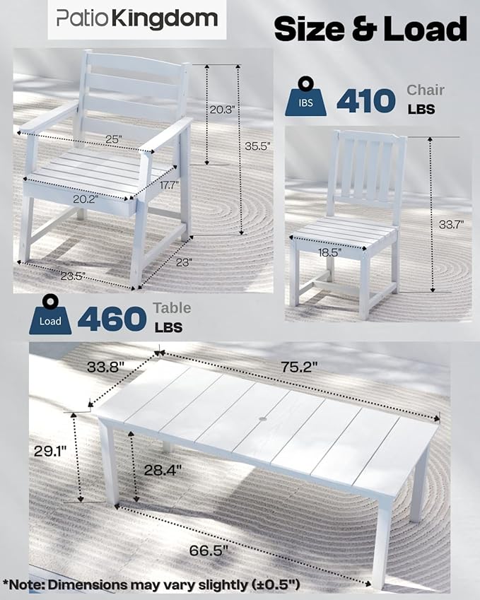7-Piece White Outdoor Dining Set with Beige 11FT Large Patio Umbrella, 75.2'' HDPE Table & Chairs for 6, Weather-Resistant Furniture with Umbrella Hole for Patio, Lawn, Poolside