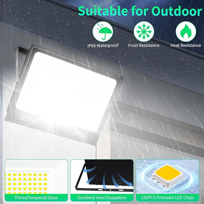 500W LED Flood Light Outdoor with Plug+10ft Cable, 60000LM Ultra Brighter 5000K Exterior Security Light, IP66 Waterproof Commercial Lighting for Sports Fields Counts Arena Stadium(2 Pack)