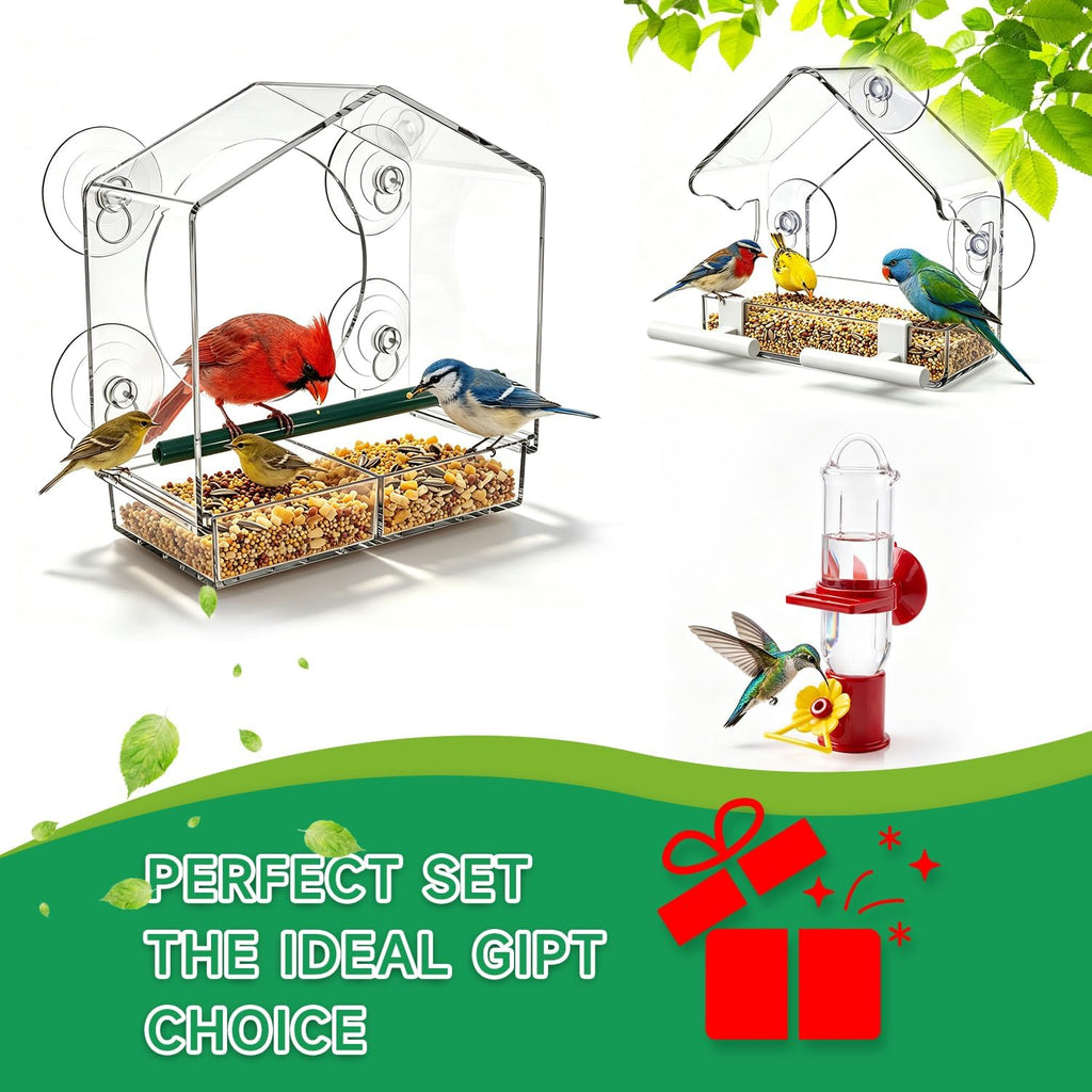 Window Mount Wild Bird Feeder Set of 3, Large & Small Seed Feeders + Hummingbird Water Station, Heavy-Duty Suction Cups, Easy Feeding & Drinking Access, Easy Install Outdoor Bird Watching Accessory