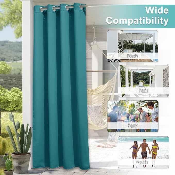 NICETOWN Outdoor Curtainch for Patio Waterproof 100 inch Wide, Thermal Insulated Rustproof Grommet UV Blocking Cabana Curtainch & Drape, Privacy Safe Shade for Gazebo, Peacock Teal, 1 PC, 95-Inch Long