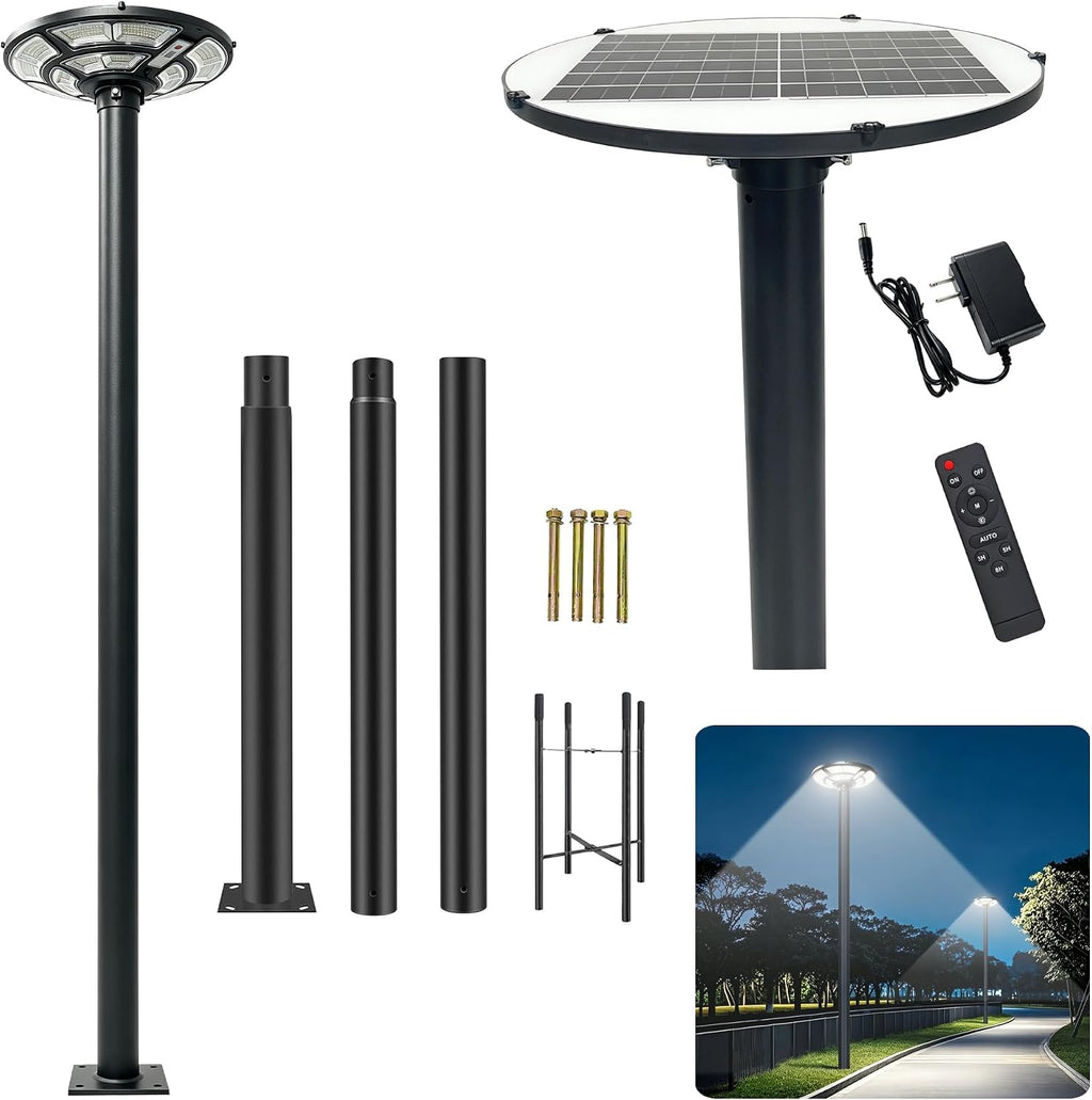 16.5" Outdoor Solar Lamp Post Light with 10ft Pole & 0.2" Thick Flange Base | 692 LED, IP65 Waterproof, Dusk to Dawn, DC Backup Charging & Remote, Motion Sensor for Security