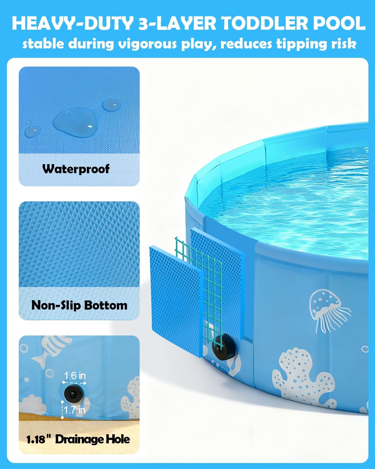 Foldable Kiddie Pool with Canopy, 47 in, Non-Inflatable, Blue | UPF 50+ sun canopy; portable baby pool for toddlers ages 1-3 and dogs, suitable for backyard, beach and outdoor water play