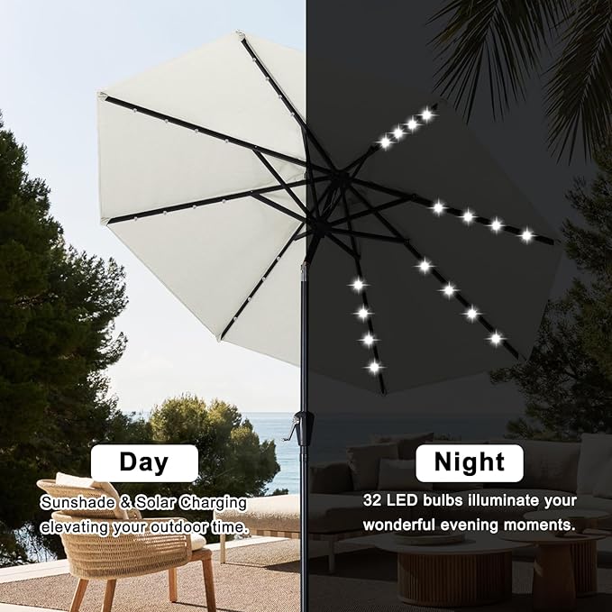 ABCCANOPY Durable Solar Led Patio Umbrellas with 32LED Lights 9FT (Light Beige)
