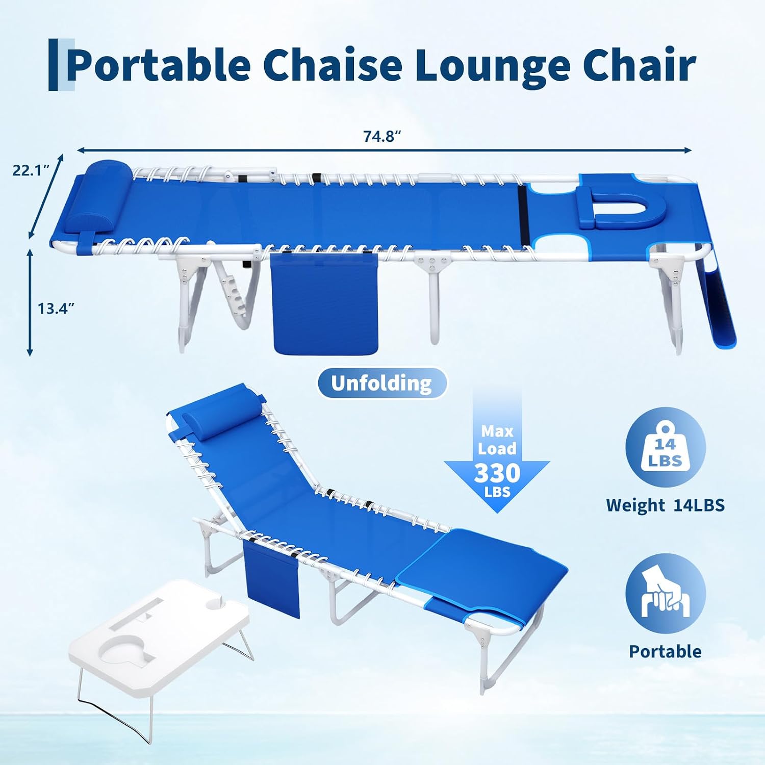 Garvee Tanning Chair with Face Hole, 3-in-1 Outside Beach Lounge Chair with Folding Table, 5 Reclining Positions and Removable Pillow, for Beach, Pool, Patio, Garden -Max 330lbs (Blue) | with Folding Table, 5 Reclining Positions and Removable Pillow, for