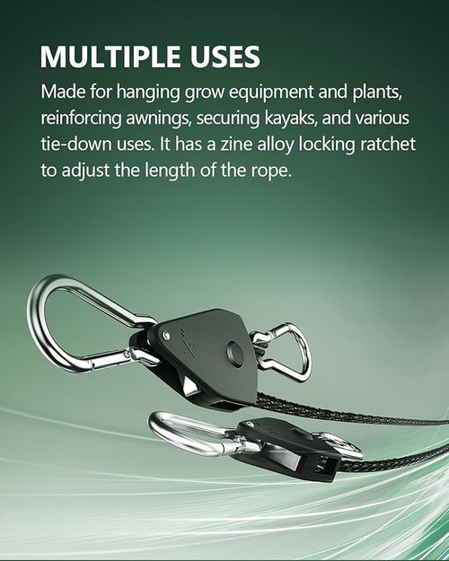 2-Pack 1/8” Adjustable Rope Hanger, Heavy Duty Ratchet Tie Down Strap with Reinforced Metal Gear, Ratcheting Pulley System Bungee Cord for Hanging Plants Grow Light and Various Tie-Down Uses