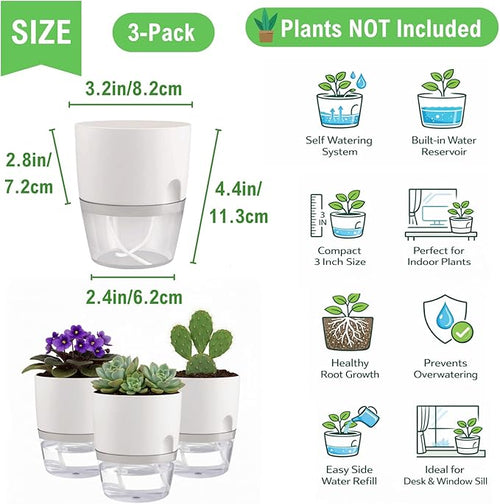 3.2 Inch Self Watering Planters Plastic Planter Pots 3 Pack Wicking Flower Pots Modern Decorative Planter for Small African Violets House Plants,Herbs,Indoor Outdoor Plant (White)