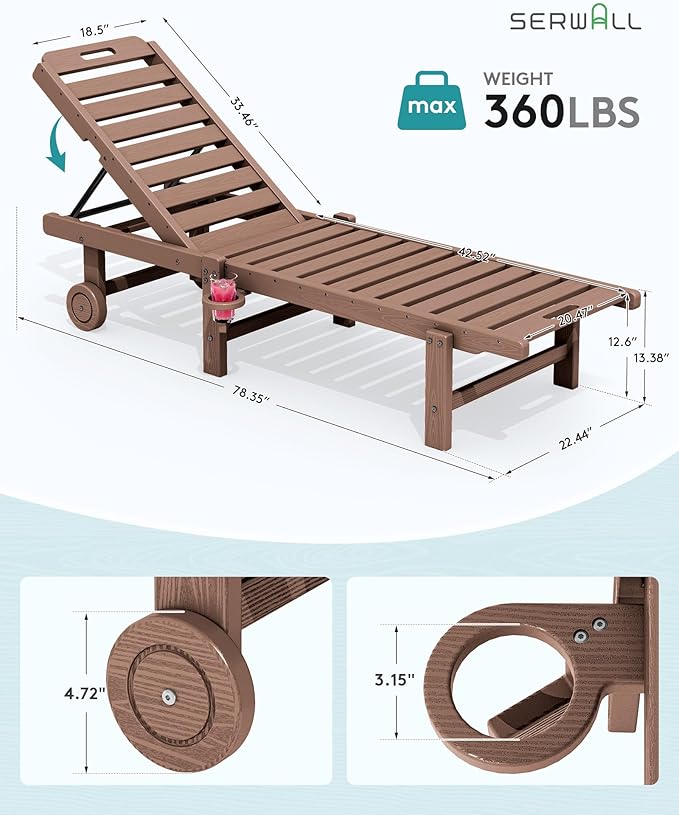 SERWALL Outdoor Chaise Lounge Set of 2, All-Weather HDPE Pool Lounge Chairs with 5-Position Adjustable Reclining Backrest, Rolling Wheels & Cup Holder for Poolside, Brown