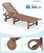 SERWALL Outdoor Chaise Lounge Set of 2, All-Weather HDPE Pool Lounge Chairs with 5-Position Adjustable Reclining Backrest, Rolling Wheels & Cup Holder for Poolside, Brown