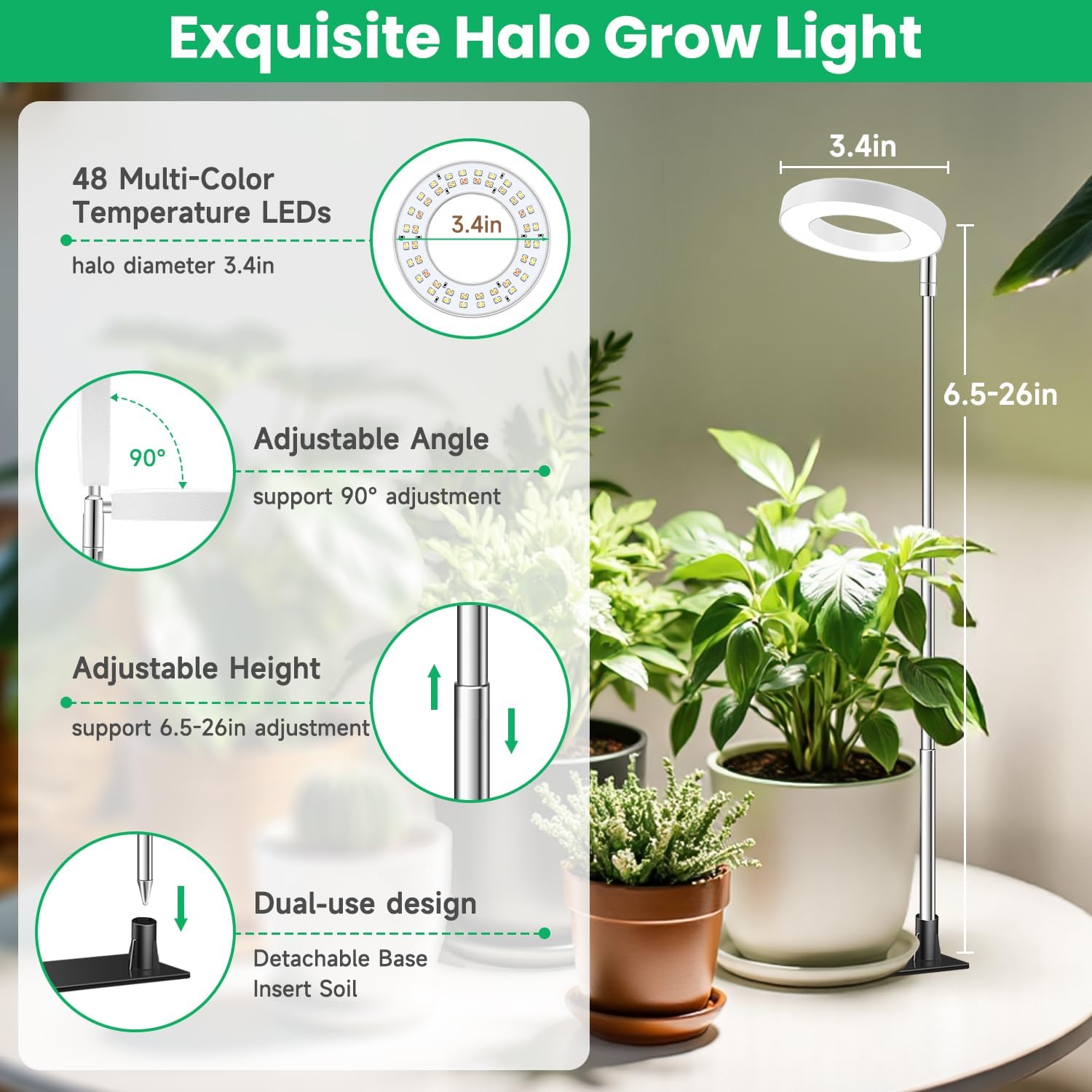 Aokrean Grow Lights for Indoor Plants, 3.5in Full Spectrum with Base 2 Pack | 48LEDs Halo Plant Light for Small Plants, Base/Soil Insert, 6.5-26in Adjustable, 3 Spectra, 3/9/12H Timer, 10 Brightness