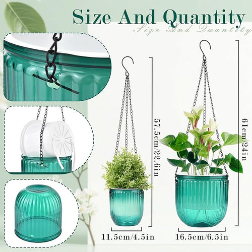 4 Pack Self Watering Hanging Planters with Drainage Holes –Hanging planters for Indoor Plants, Flowers, Succulents – Lightweight, Durable Hanging Baskets Green