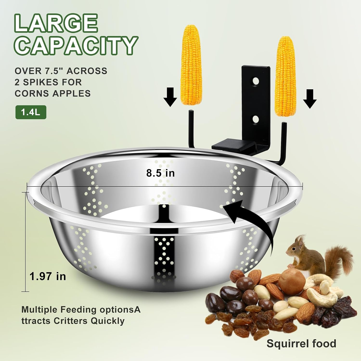Metal Squirrel Feeders for Outside, Durable Bowl Tree Mounted of Chipmunk Feeder, Squirrel Food for Backyard Squirrels Hold Corn, Corn Cob, Peanuts (8.5 Inch - 2 Stand 2 Bowl)