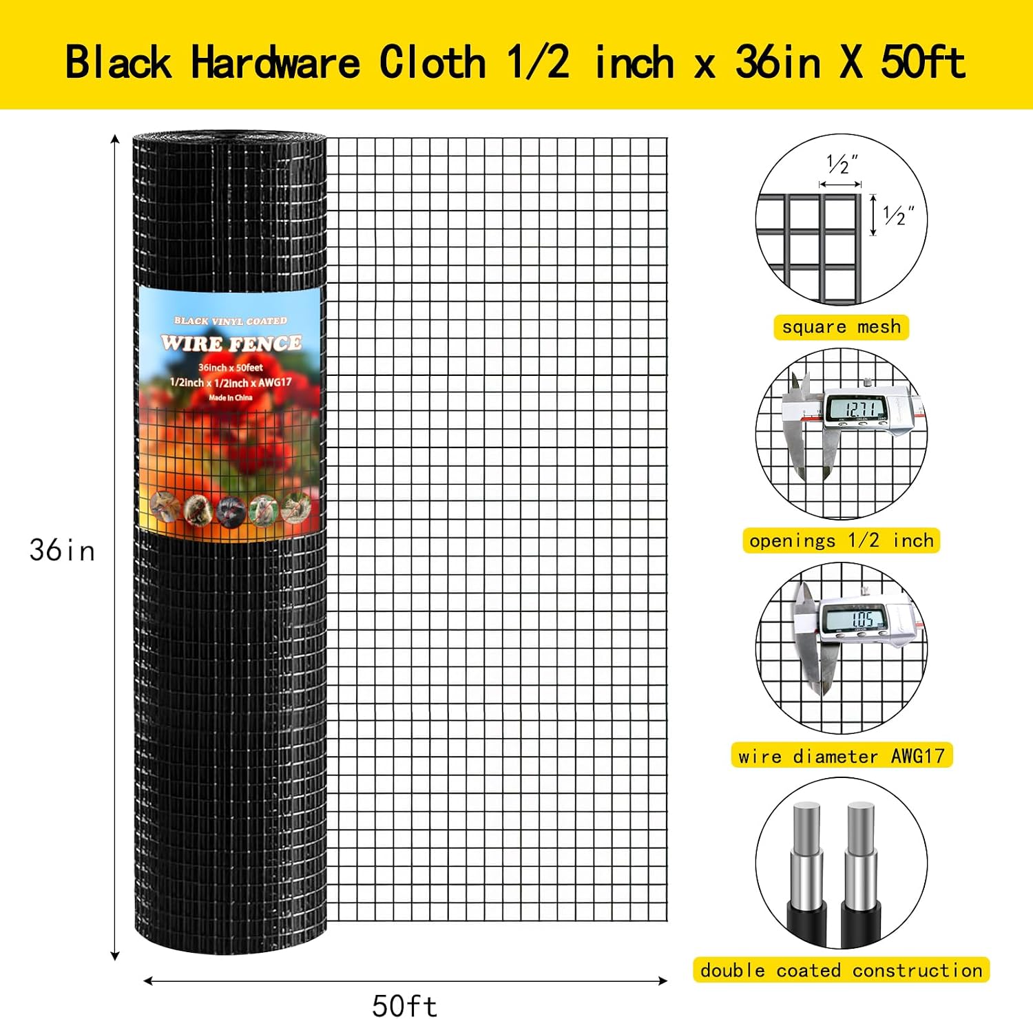 Thinkahead Black Hardware Cloth 1/2 inch 36 X 50 ft 19 Gauge Vinyl PVC Coated Wire Mesh Roll Galvanized Welding Chicken Wire Fencing, Garden Fence, Rabbit Wire, Home Improvement Project.