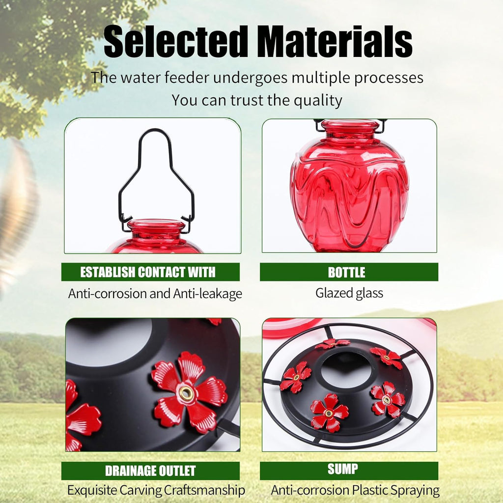 Glass Hummingbird Feeder for Outdoors Hanging, 24Ozs Humming Bird Nectar Feeder w/Perch, 5 Flower Feeding Ports, Leak Proof Base and Hook for Outside Garden Backyard Decor, Gifts for Women Mom, Red